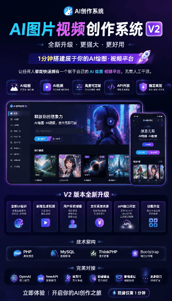 PHP+MySQL 架构的 AI 图片视频创作系统 v2 源码